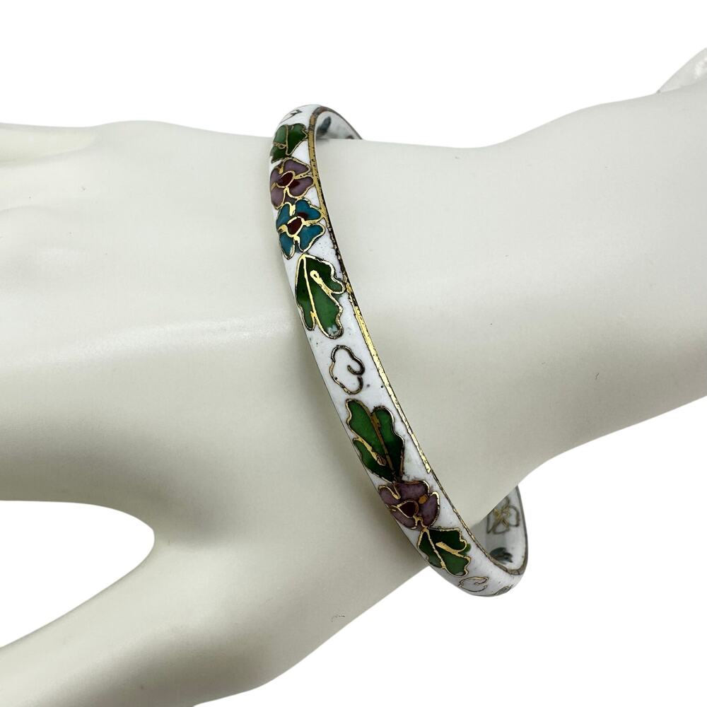 Vintage Enamel Cloisonne White Gold Flower Blossoms Bangle 7.75" Bracelet